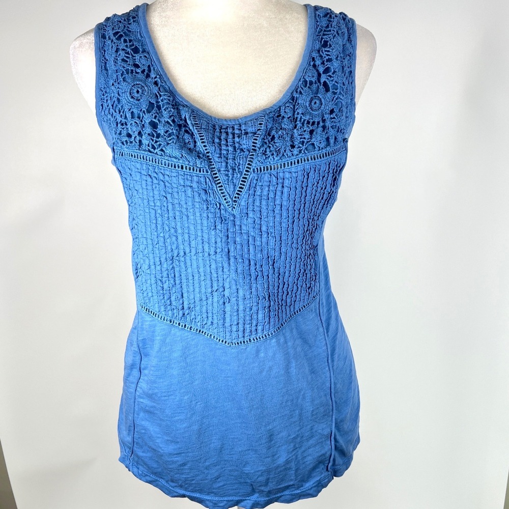 RuffHewn‎ Womens Blue Cotton Crochet Lace Pintuck Sleeveless Tank Top Large